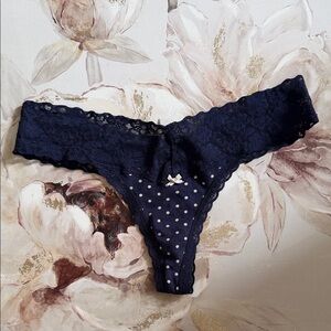 aerie Navy Blue Lace & Polka Dot Thong Panty